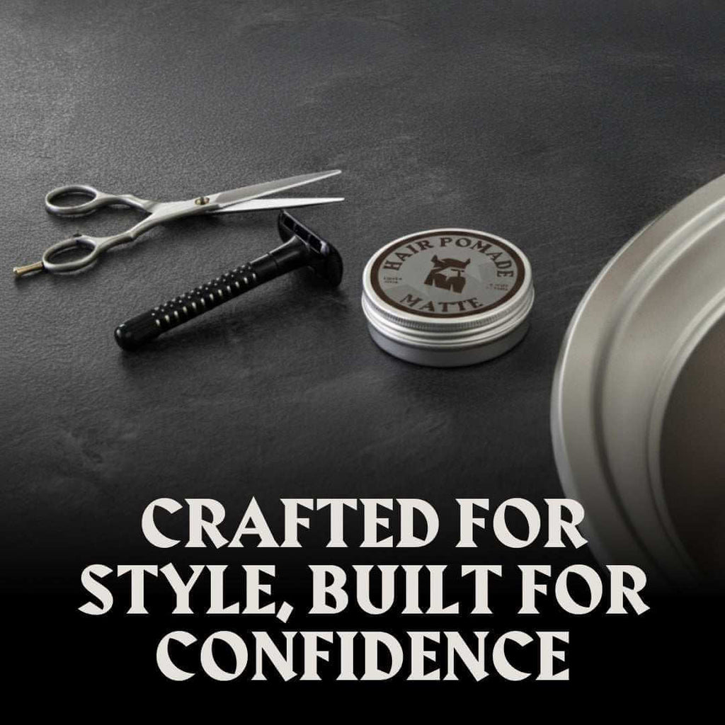 Hair pomade container with tools on a dark surface