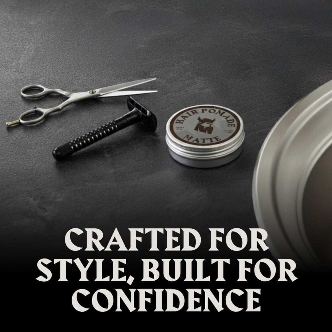 Hair pomade container with tools on a dark surface