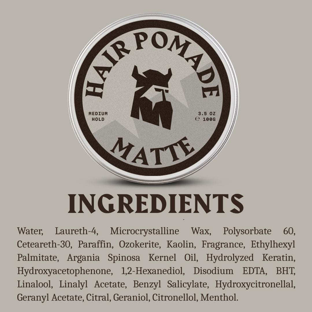 Hair pomade container with ingredients list on a gray background