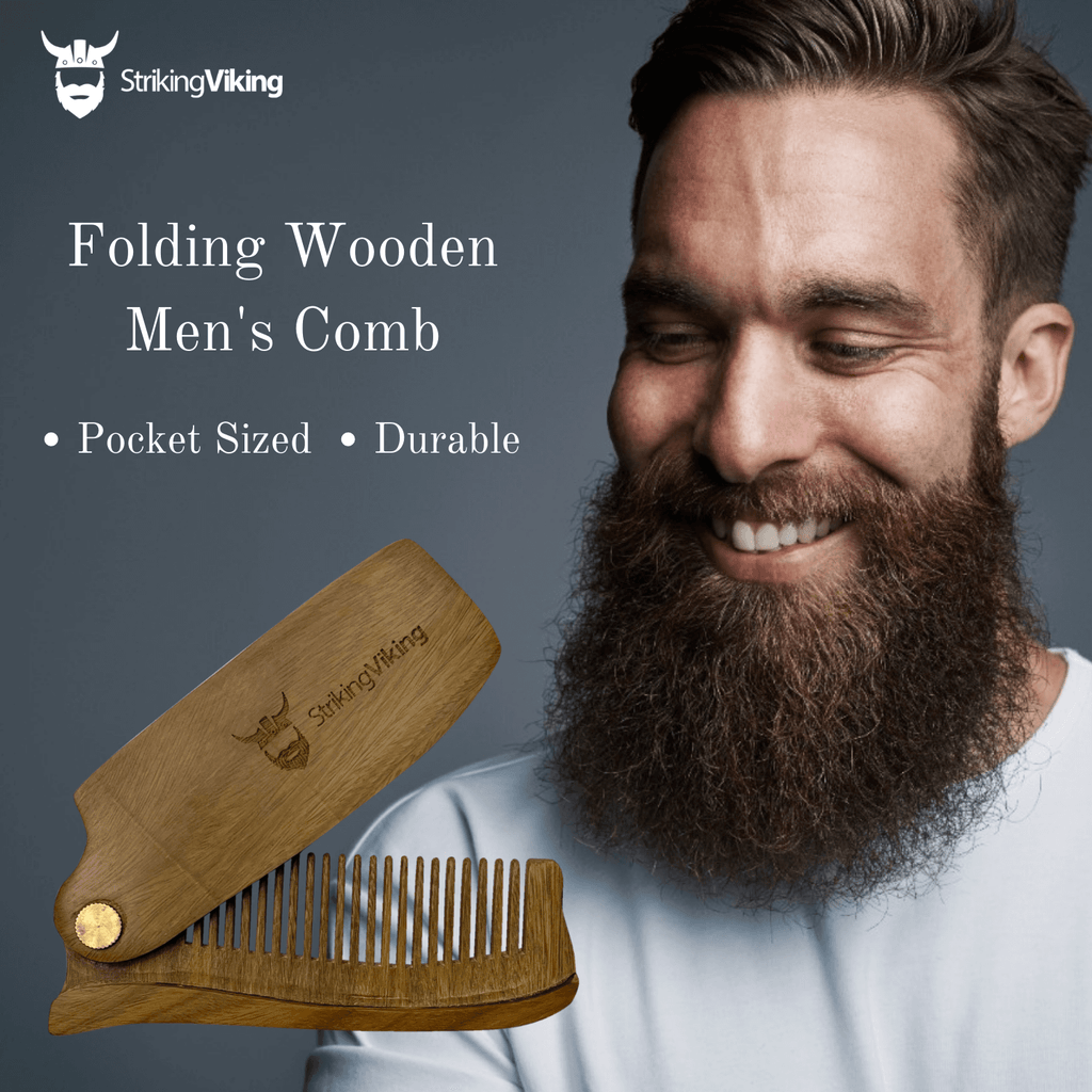 Man with a beard next to a folding wooden comb with 'Striking Viking