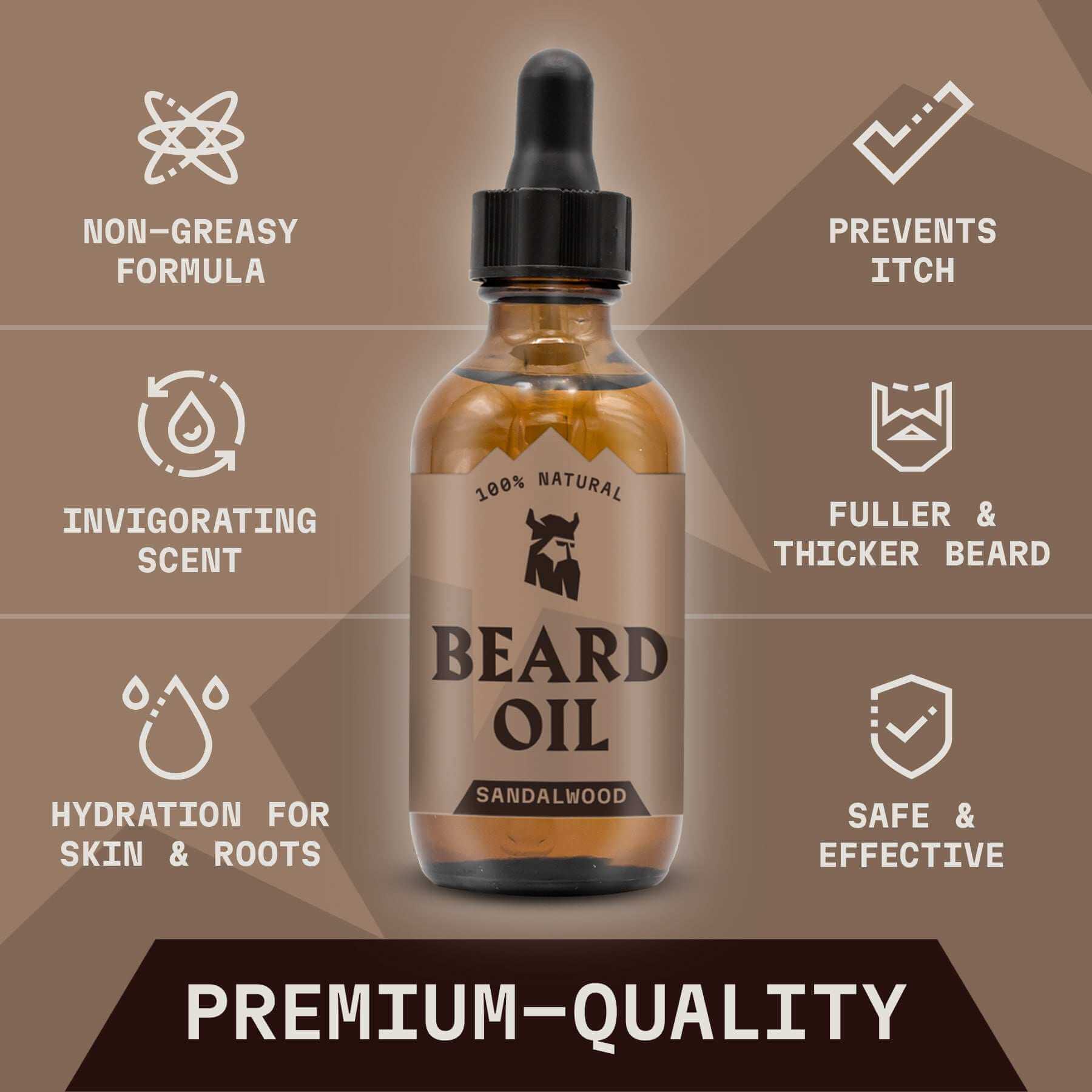 Bottle of sandalwood beard oil with features listed on a brown background