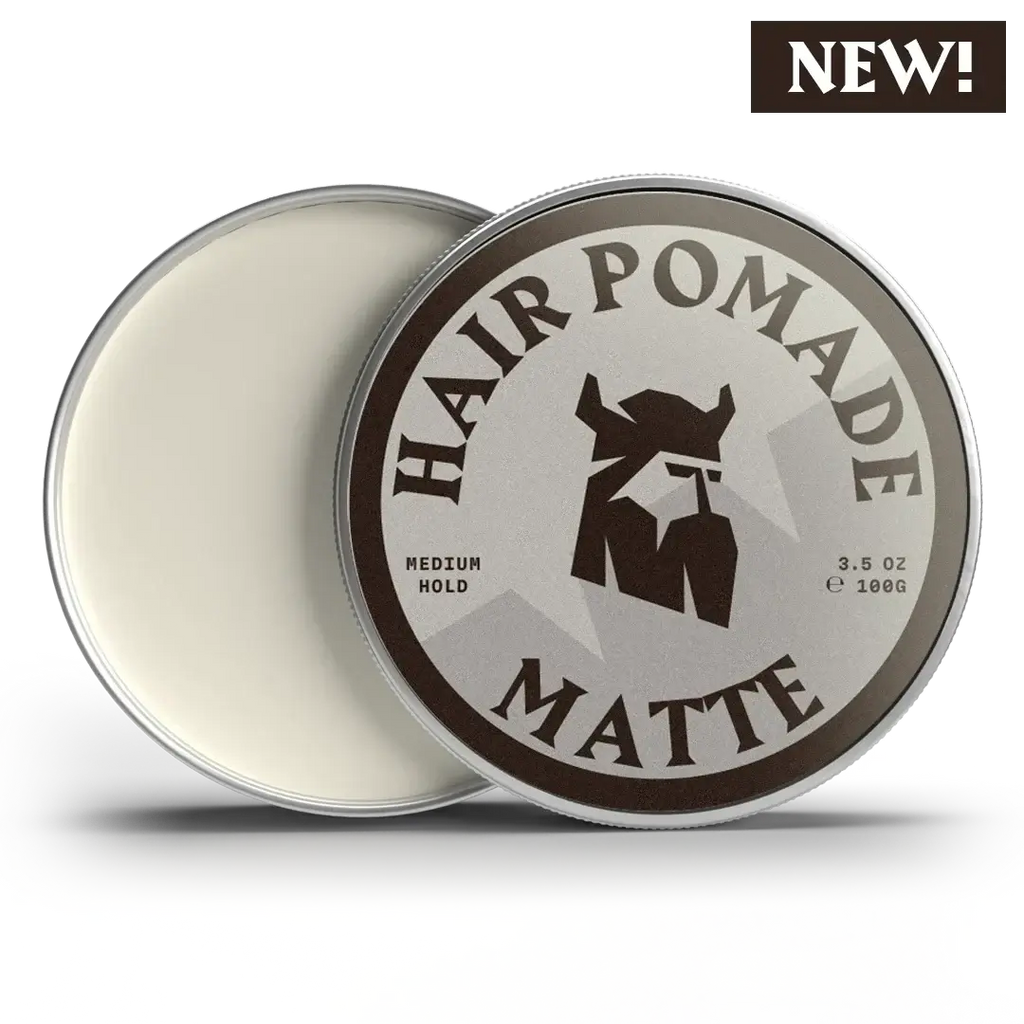 Hair pomade container with 'NEW!' label on a white background