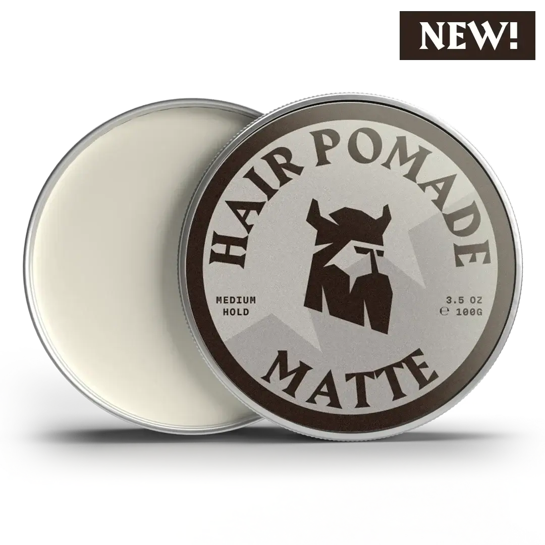 Hair pomade container with 'NEW!' label on a white background