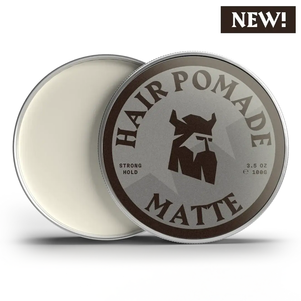 Hair pomade container with 'NEW!' label on a white background