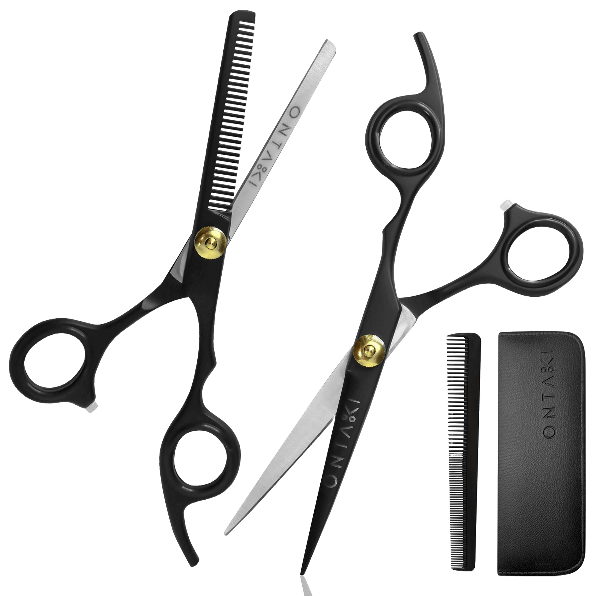 Set of black hairdressing scissors and comb with 'AYANO