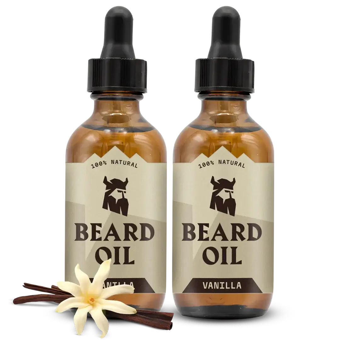 Two bottles of vanilla beard oil with a vanilla flower and stick on a white background