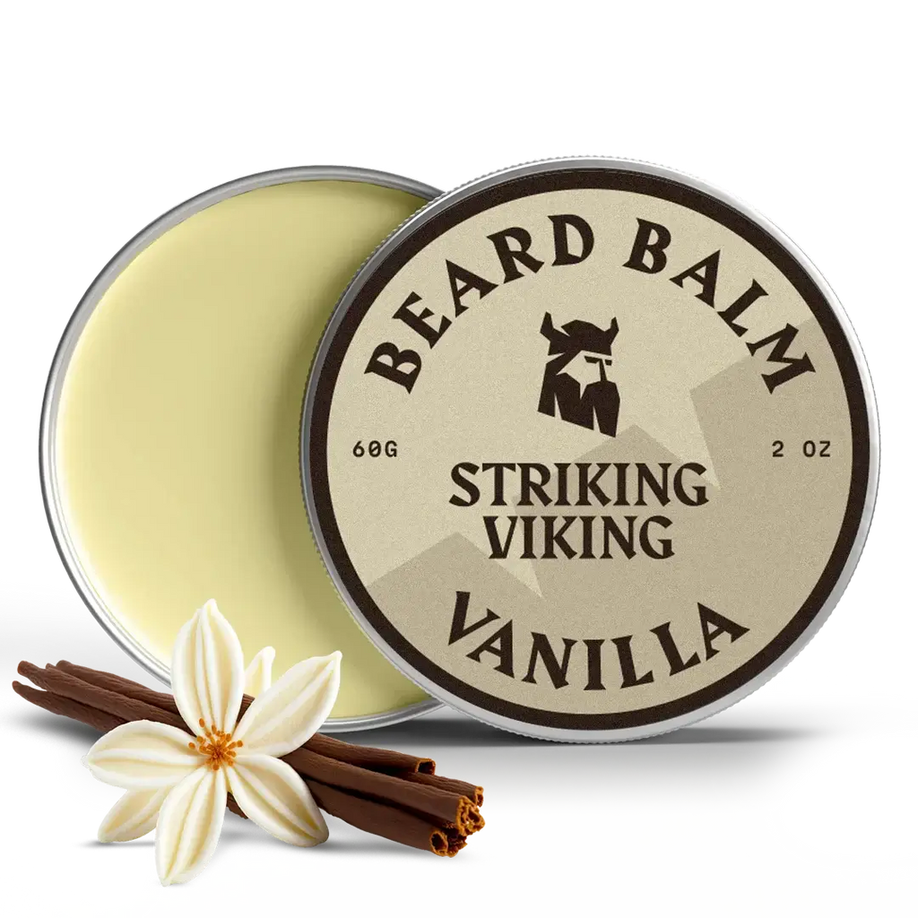 Beard balm container labeled 'Striking Viking Vanilla