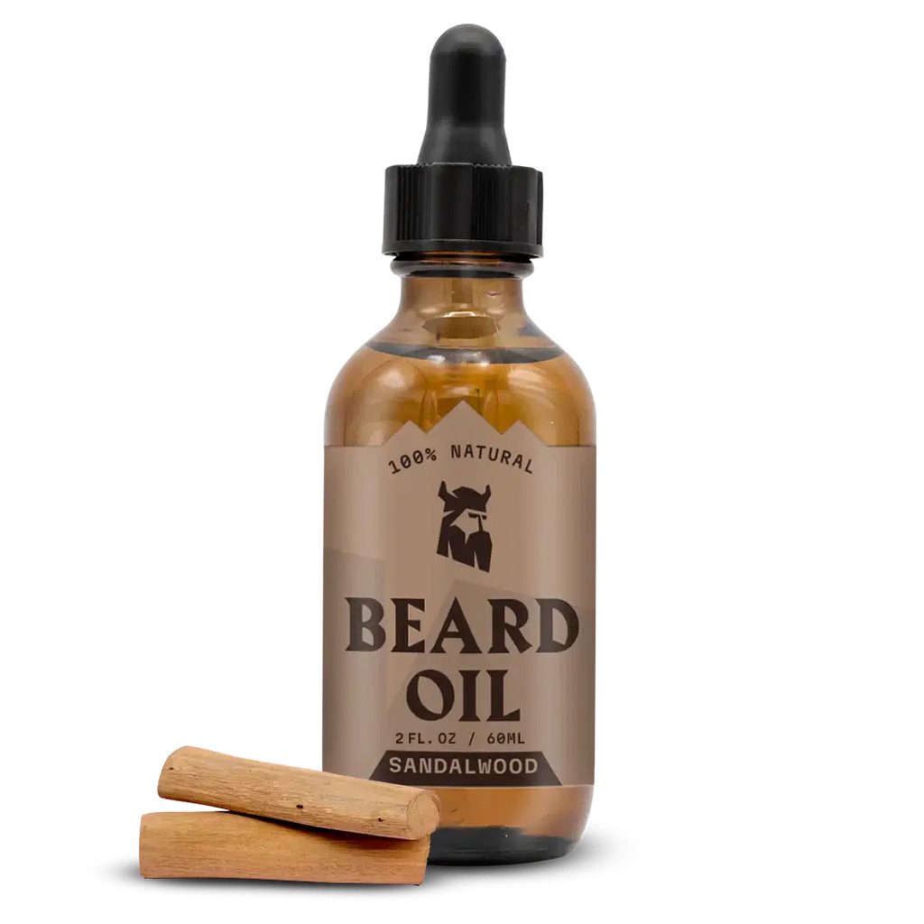 Bottle of sandalwood beard oil with a dropper and wooden applicator on a white background
