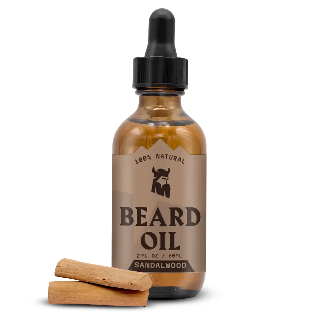 Bottle of sandalwood beard oil with a dropper and wooden applicator on a white background