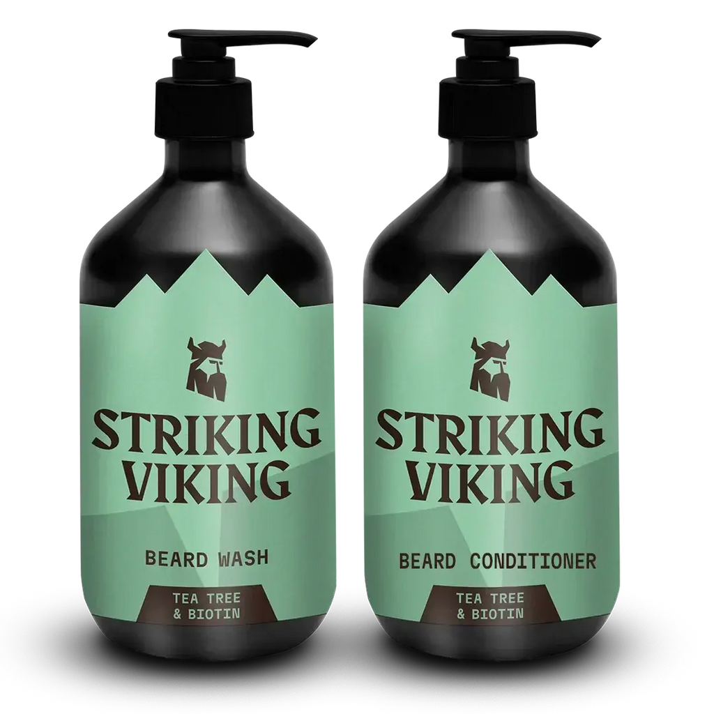 Two bottles of Striking Viking beard care products on a white background