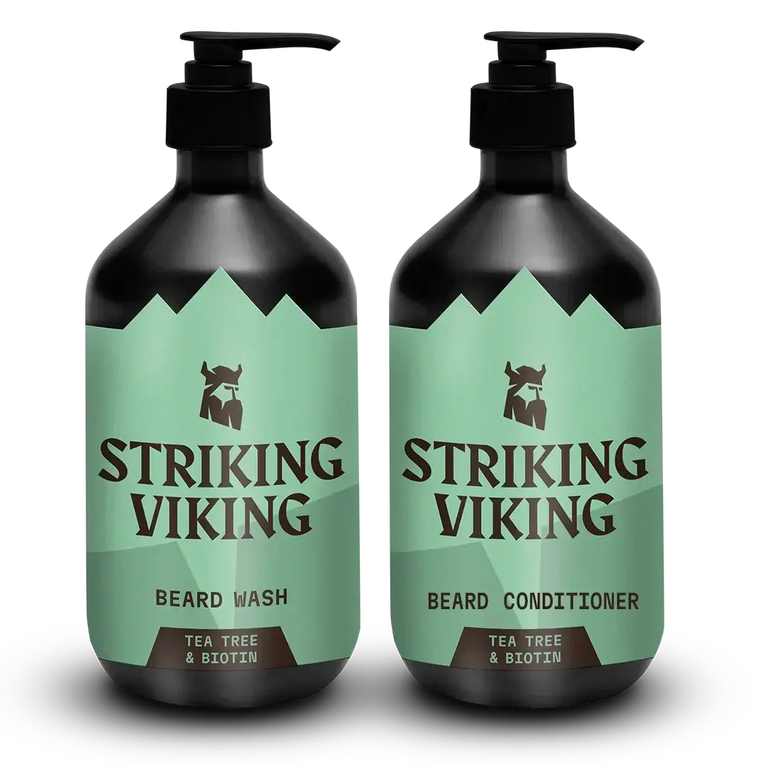 Two bottles of Striking Viking beard care products on a white background