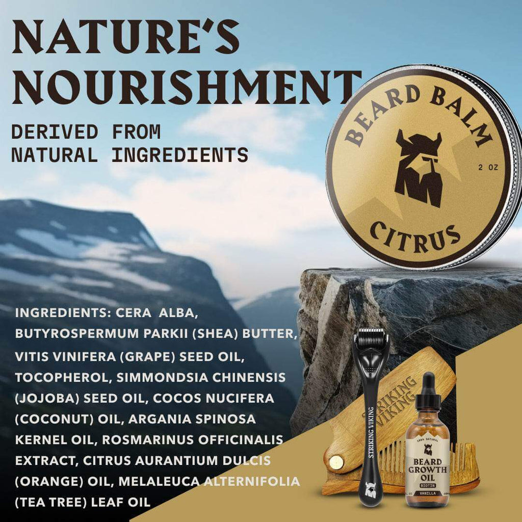 Beard balm packaging with mountain background and product details.