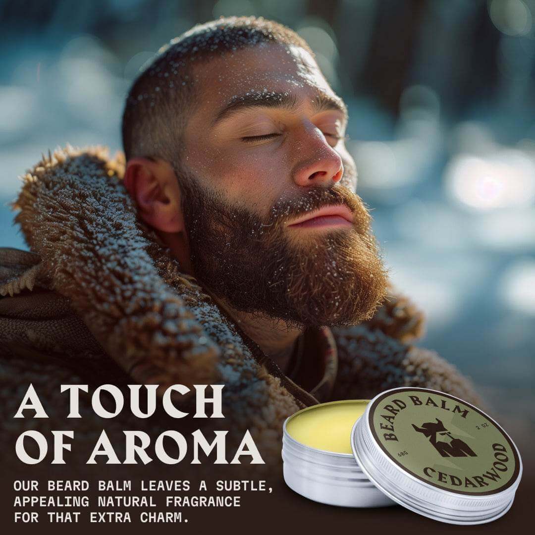 Man with a beard wearing a fur-lined coat, with text about cedarwood beard balm.