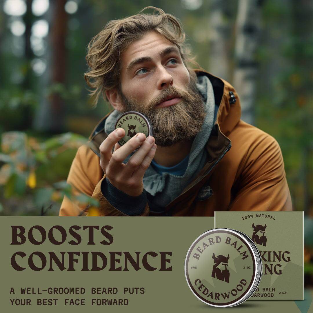 Man holding a beard balm container with text about confidence and grooming.