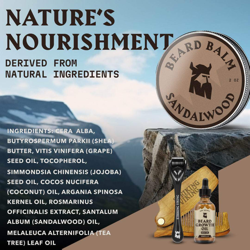 Beard balm packaging with mountain background and product details.