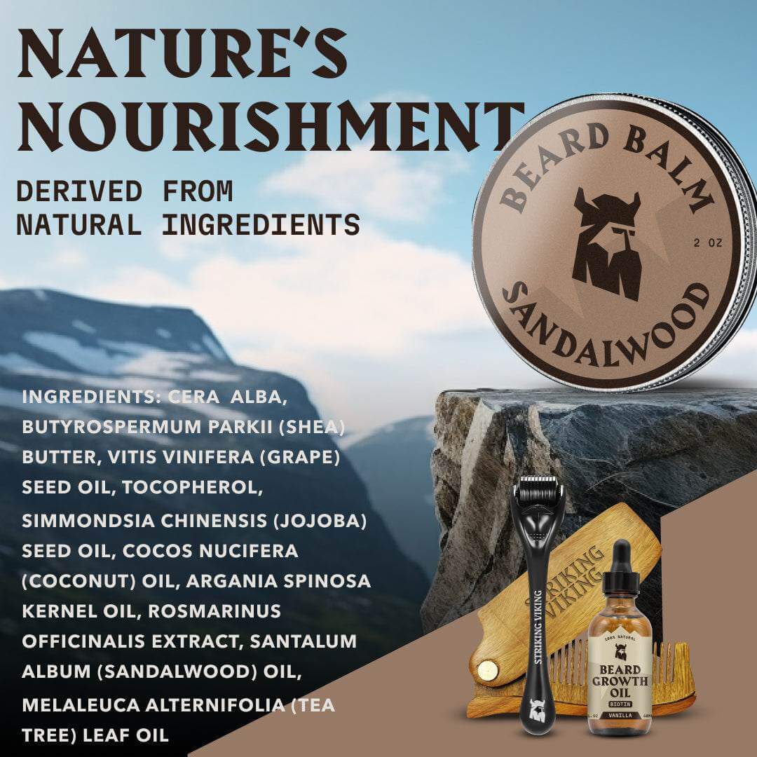 Beard balm packaging with mountain background and product details.