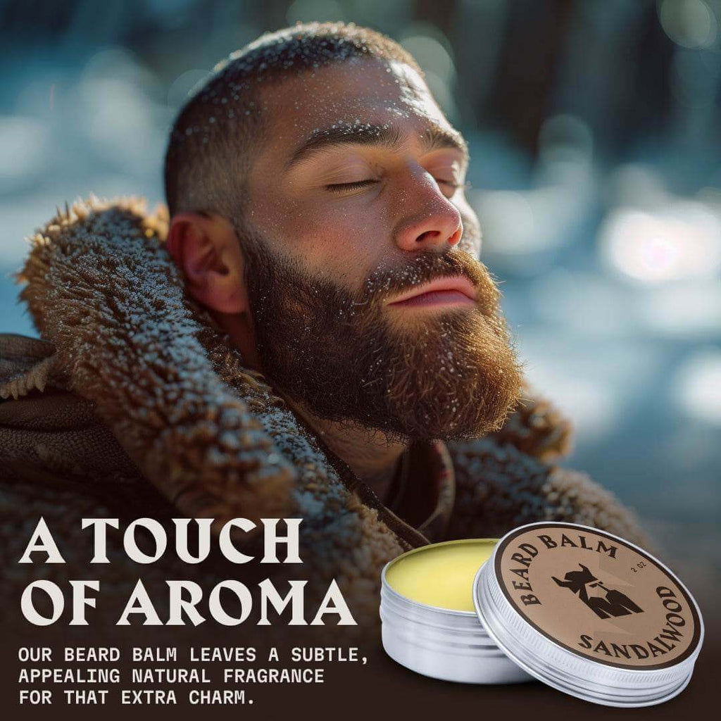 Man with a beard wearing a fur-lined coat, with text about sandalwood beard balm.