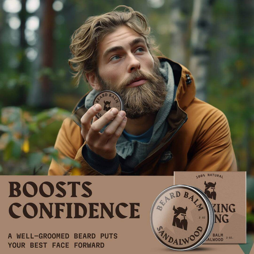 Man holding a sandalwood beard balm with promotional text about confidence and grooming.