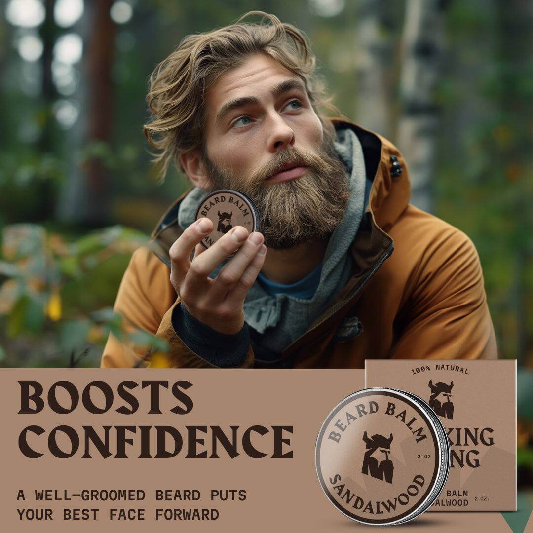 Man holding a sandalwood beard balm with promotional text about confidence and grooming.