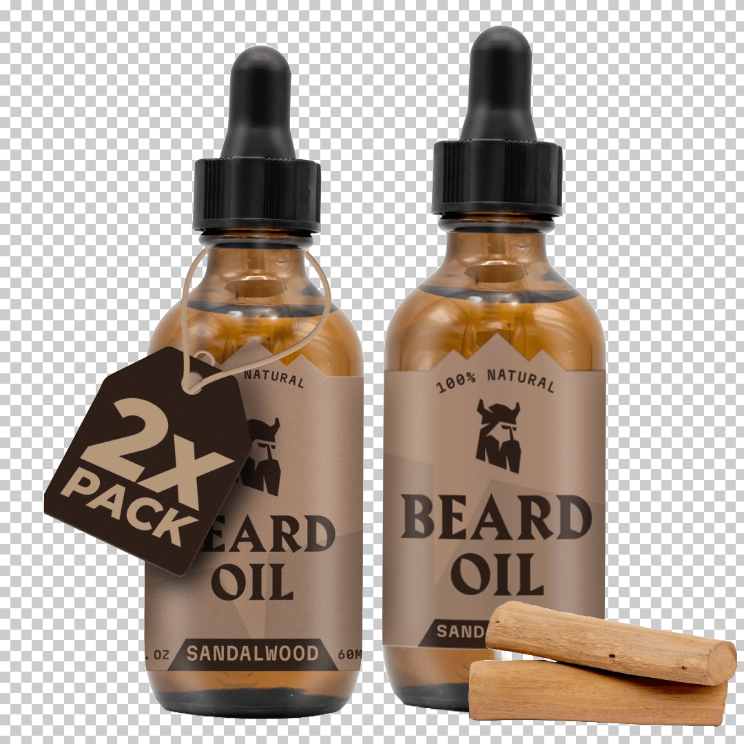 Two bottles of sandalwood beard oil with a wooden applicator on a transparent background
