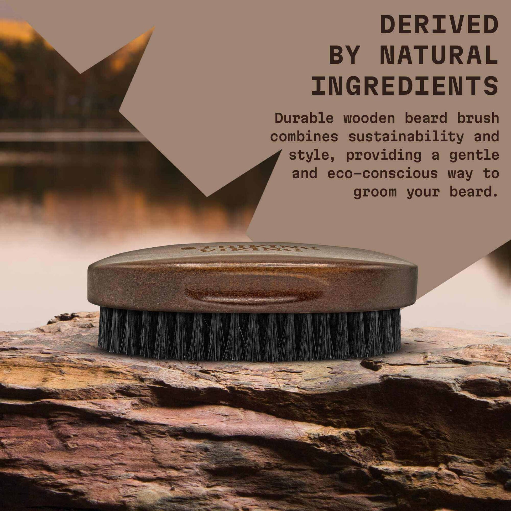 Wooden beard brush on a wooden surface with text about natural ingredients