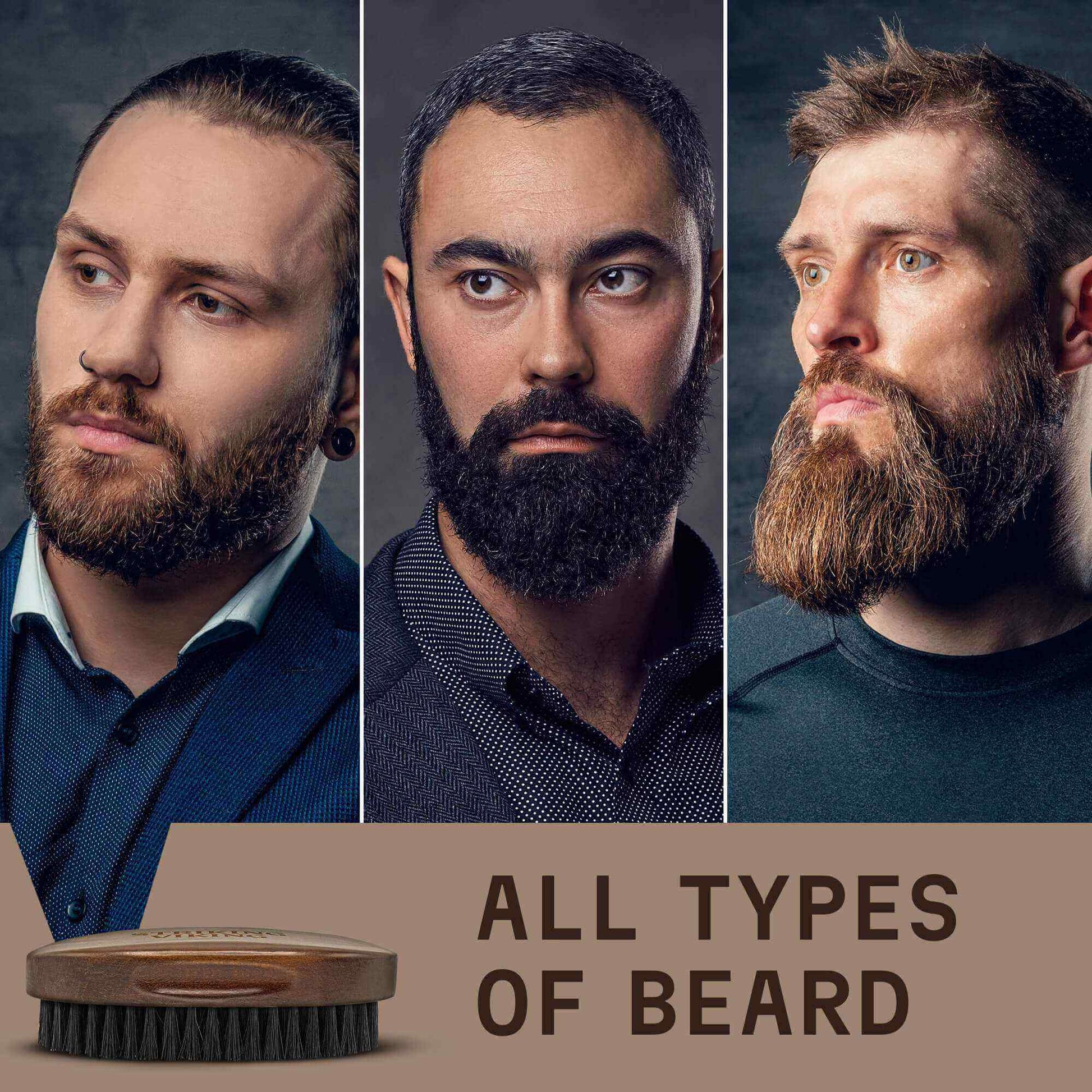 Three men with different styles of beards and a brush labeled 'All Types of Beard'.