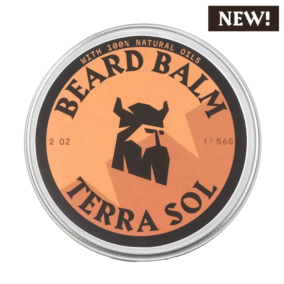 Terra Sol beard balm container with orange label
