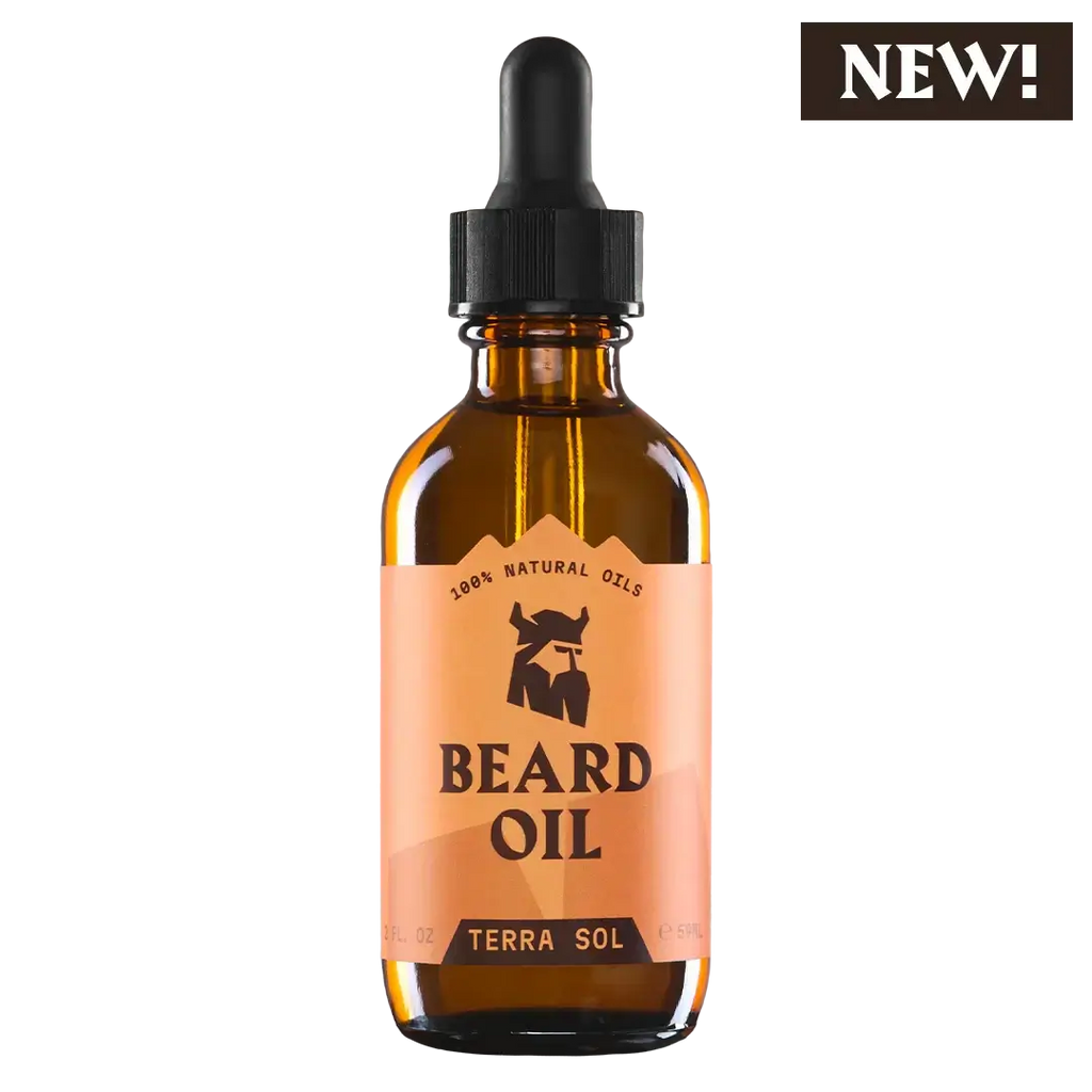 Bottle of Terra Sol beard oil with a dropper on a white background