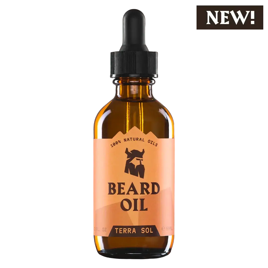 Bottle of Terra Sol beard oil with a dropper on a white background