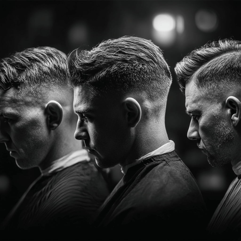 Three men with styled hair in a black and white photo