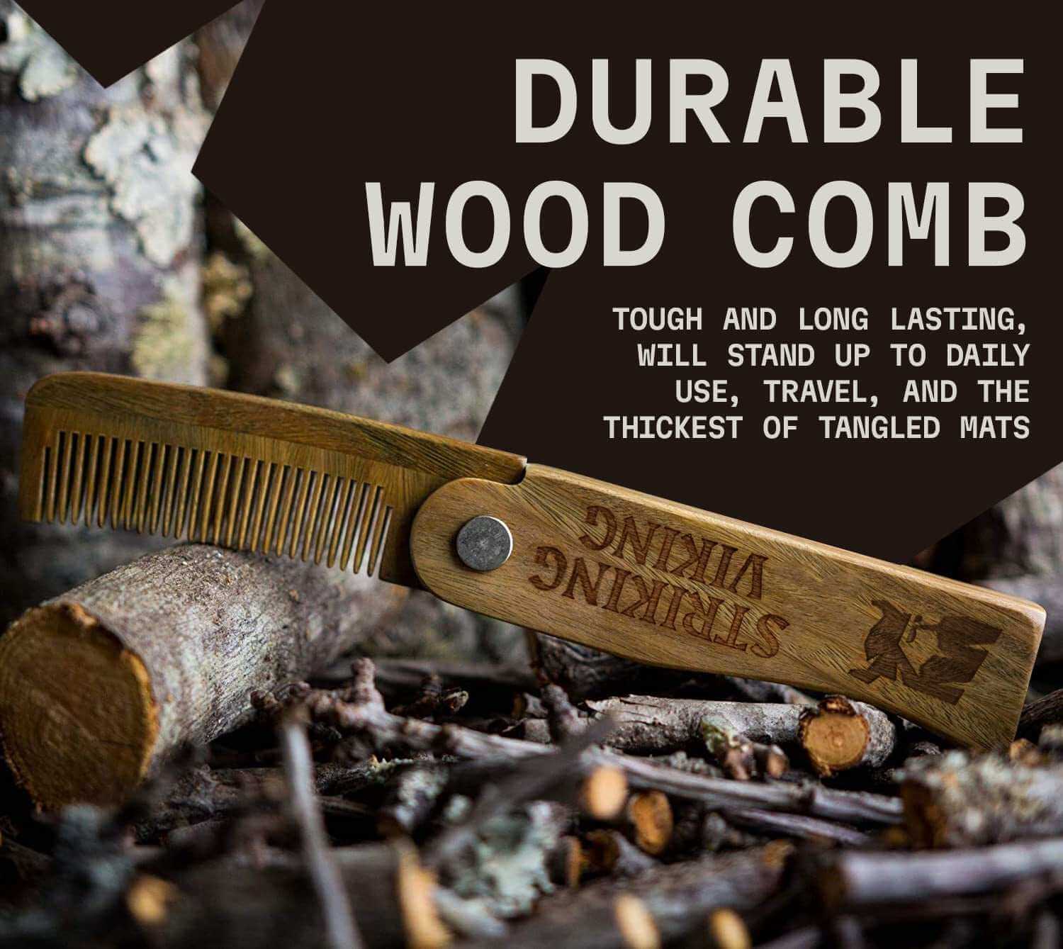 Wooden comb with 'Viking' branding on a natural background with text about durability.