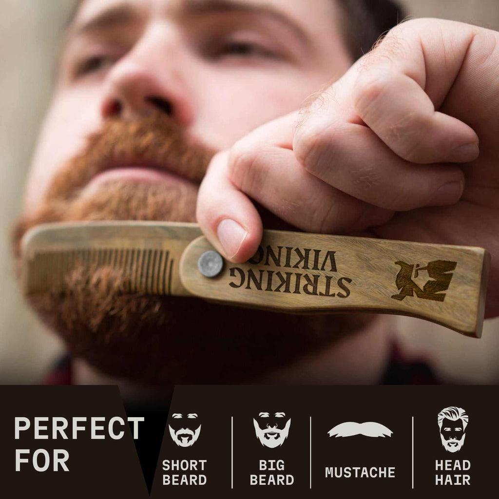 Man using a wooden comb with 'Viking' branding on his beard, featuring product details below.
