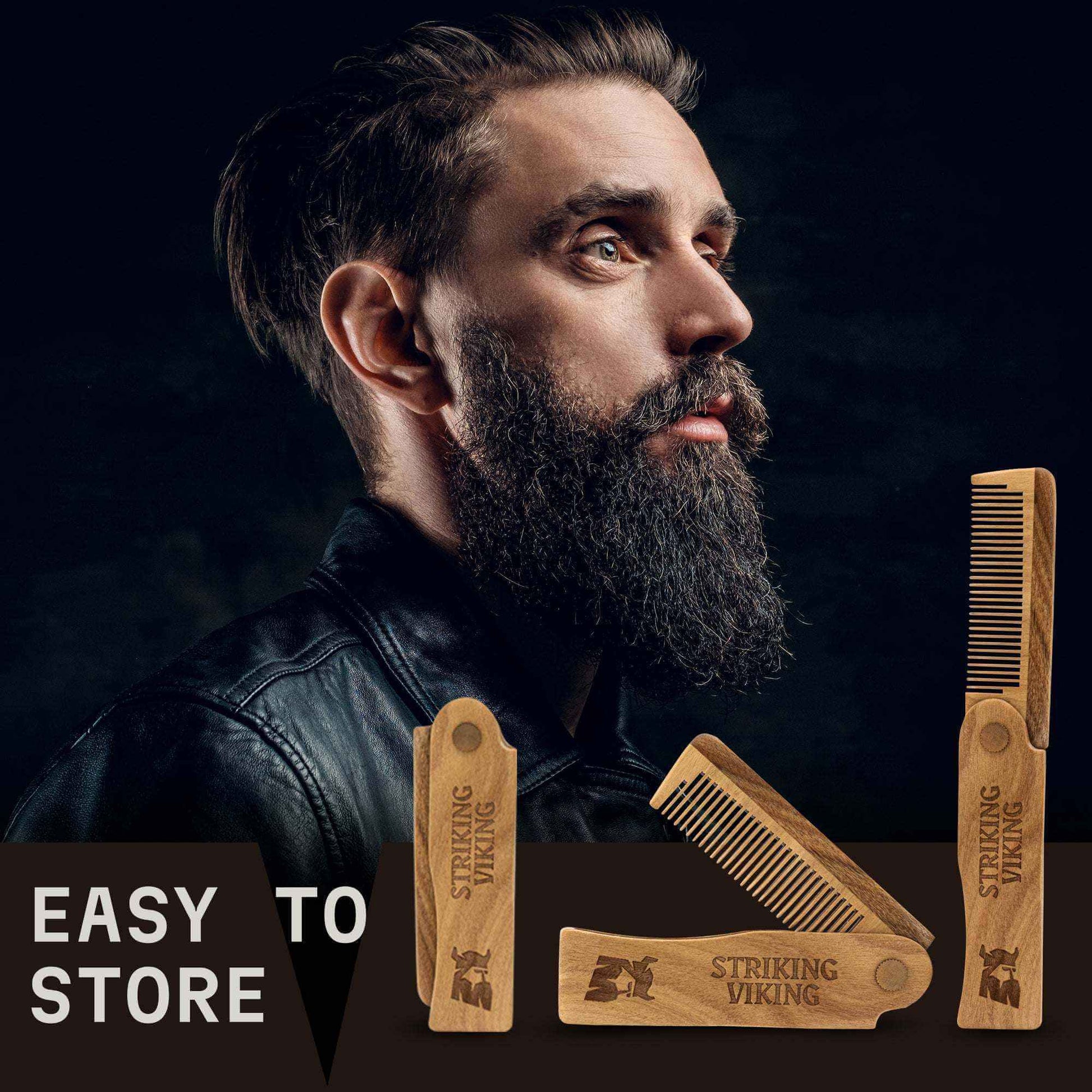 Man with a beard and Striking Viking wooden comb products on a dark background