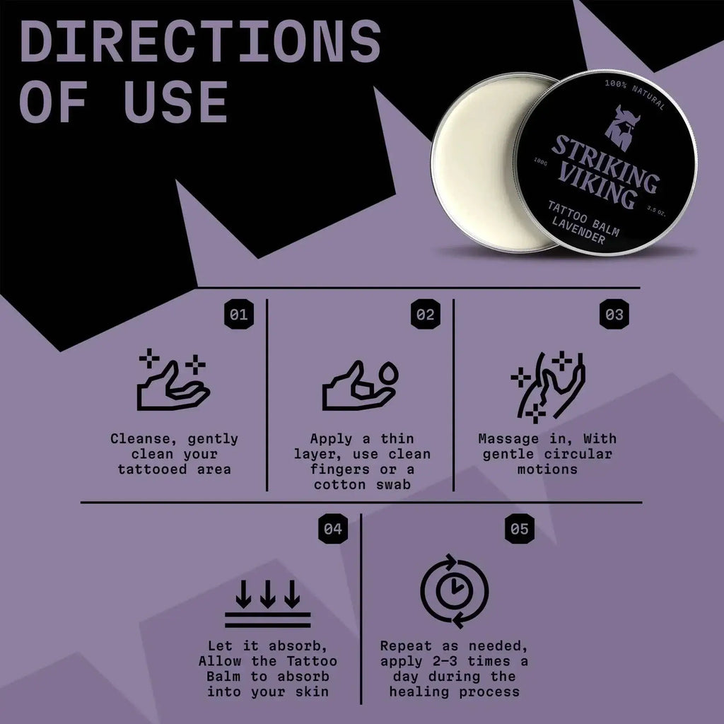 Instructions for using Striking Viking Tattoo Balm on a purple background
