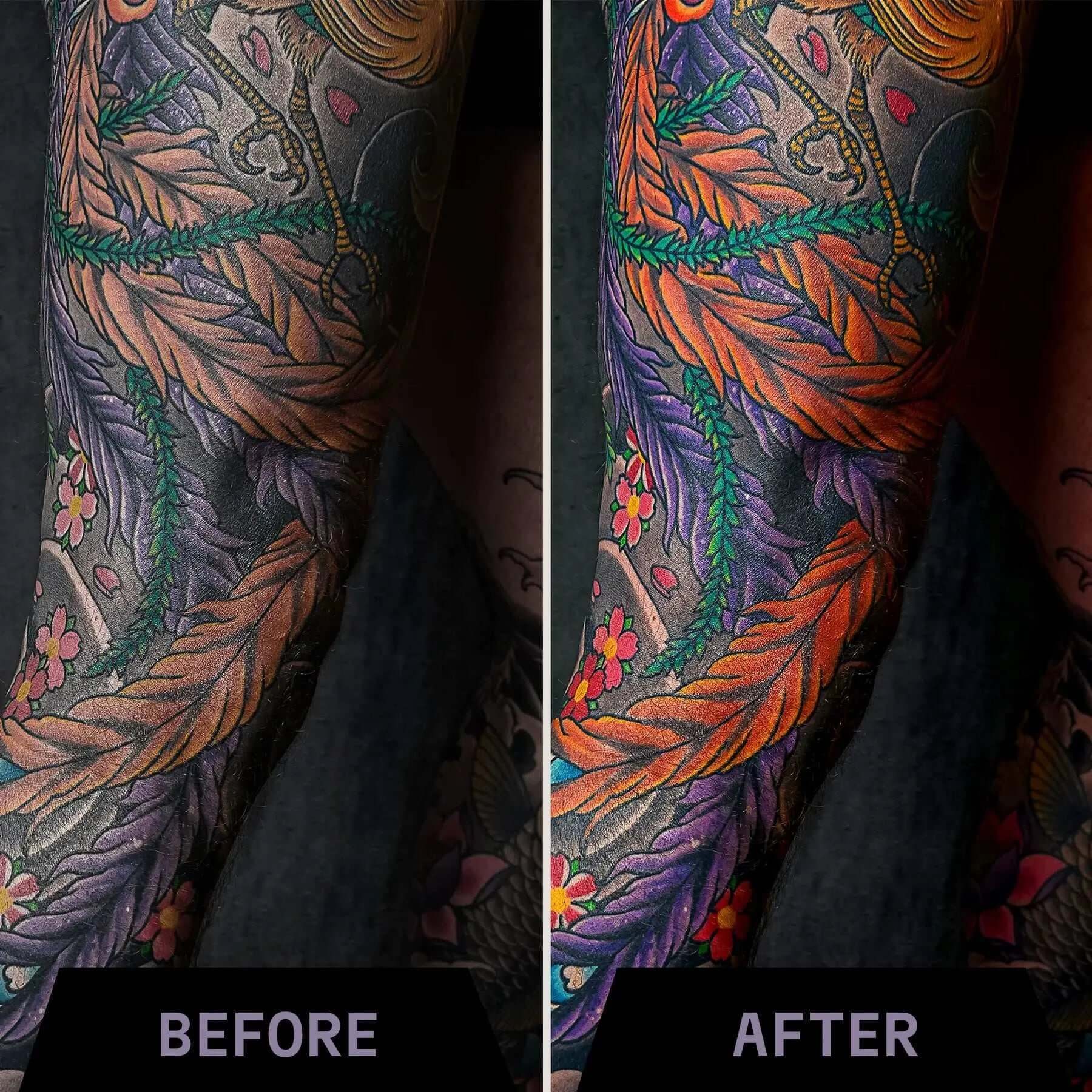 Before and after comparison of a detailed tattoo design on a person's arm.

