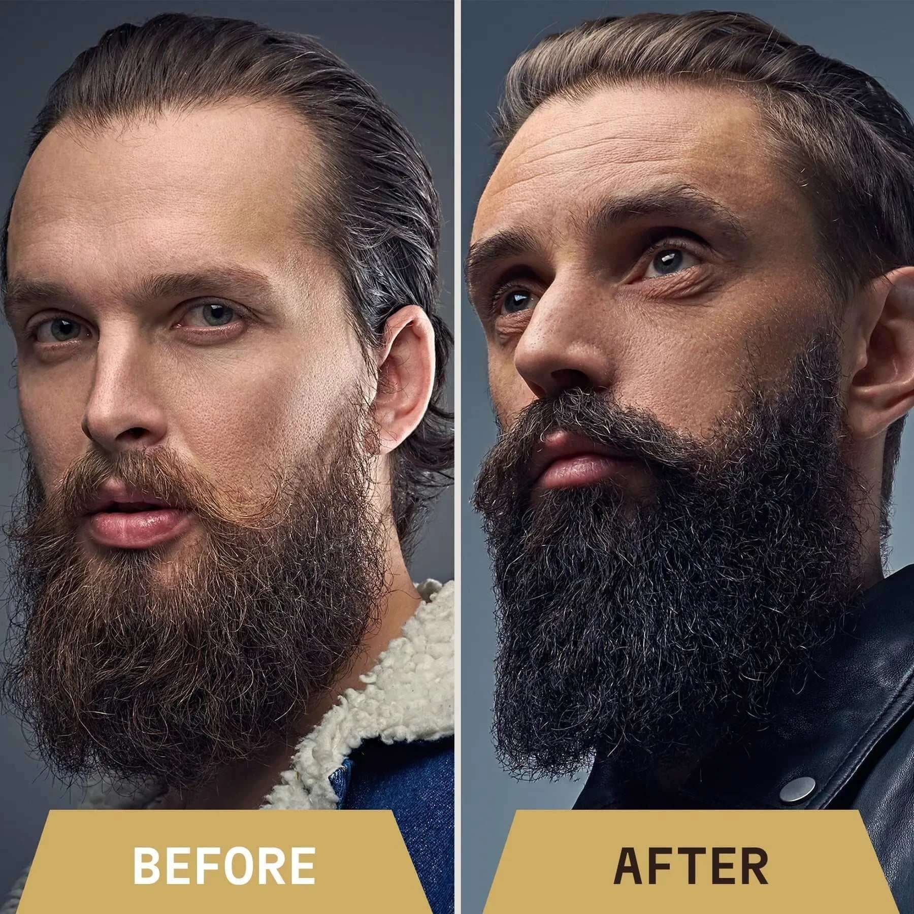 Before and after comparison of a man with a beard, wearing different outfits.