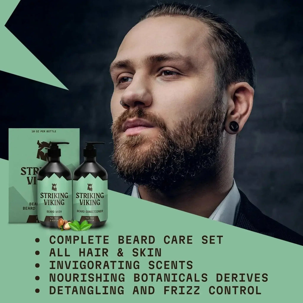Man with a beard looking at the camera with Striking Viking beard care products displayed.