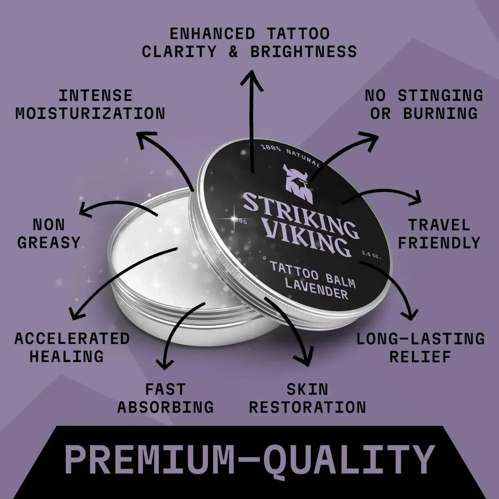 Stroking Viking tattoo balm container with feature text on a purple background