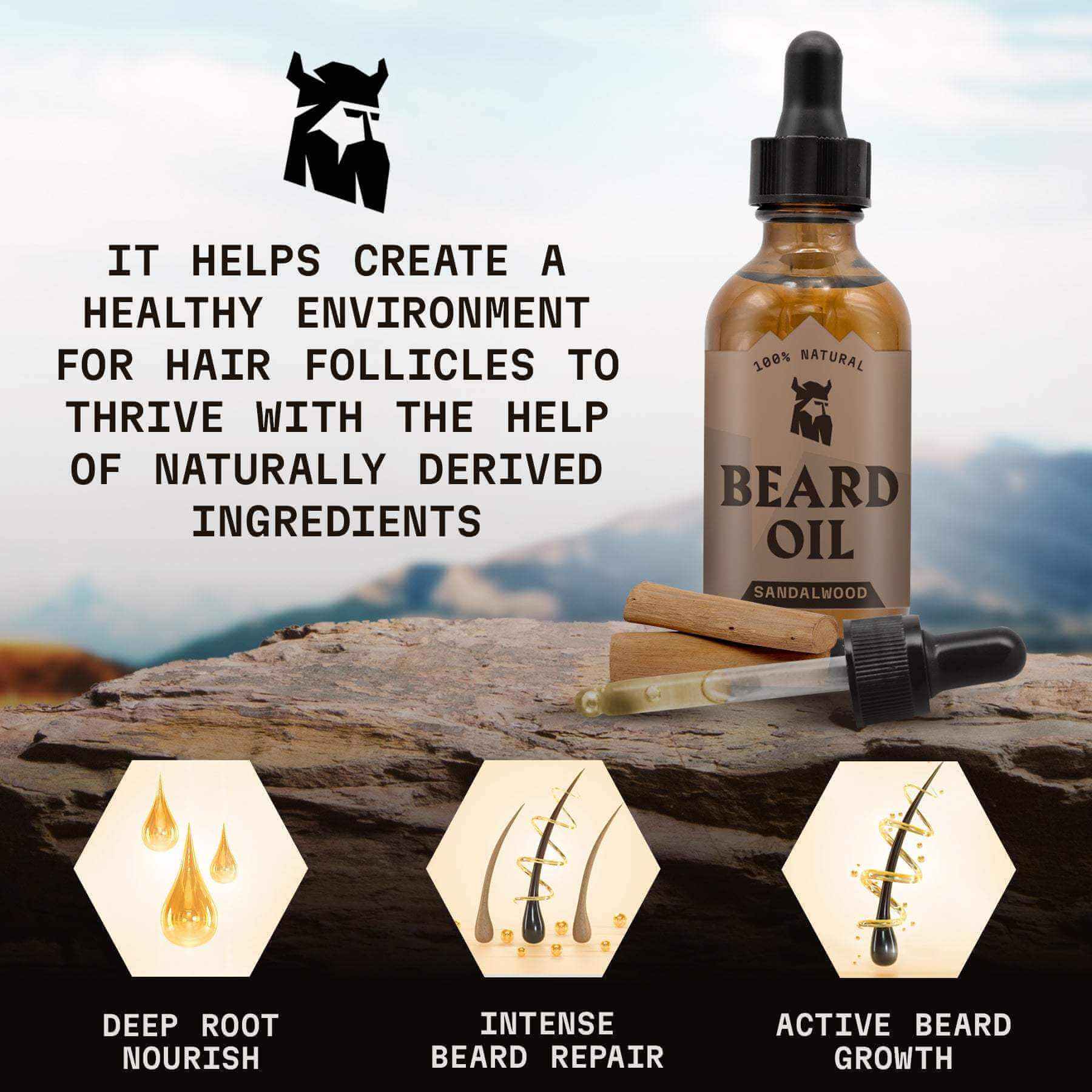 Beard oil bottle with dropper on a natural background