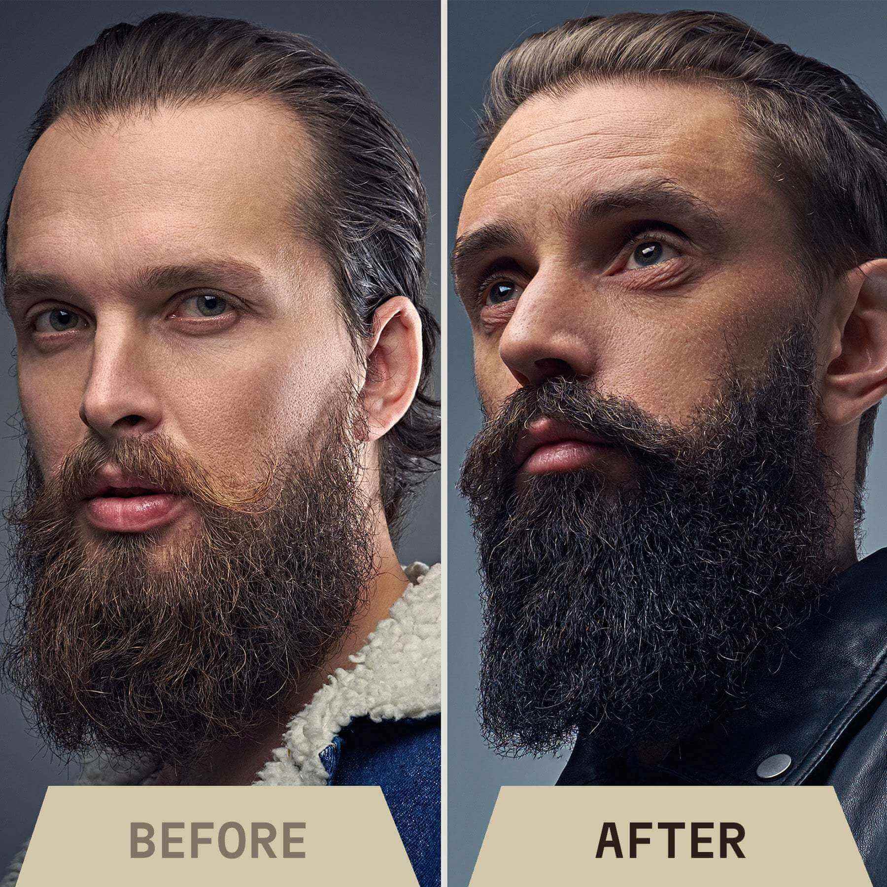 Before and after comparison of a man with a beard, wearing different outfits.