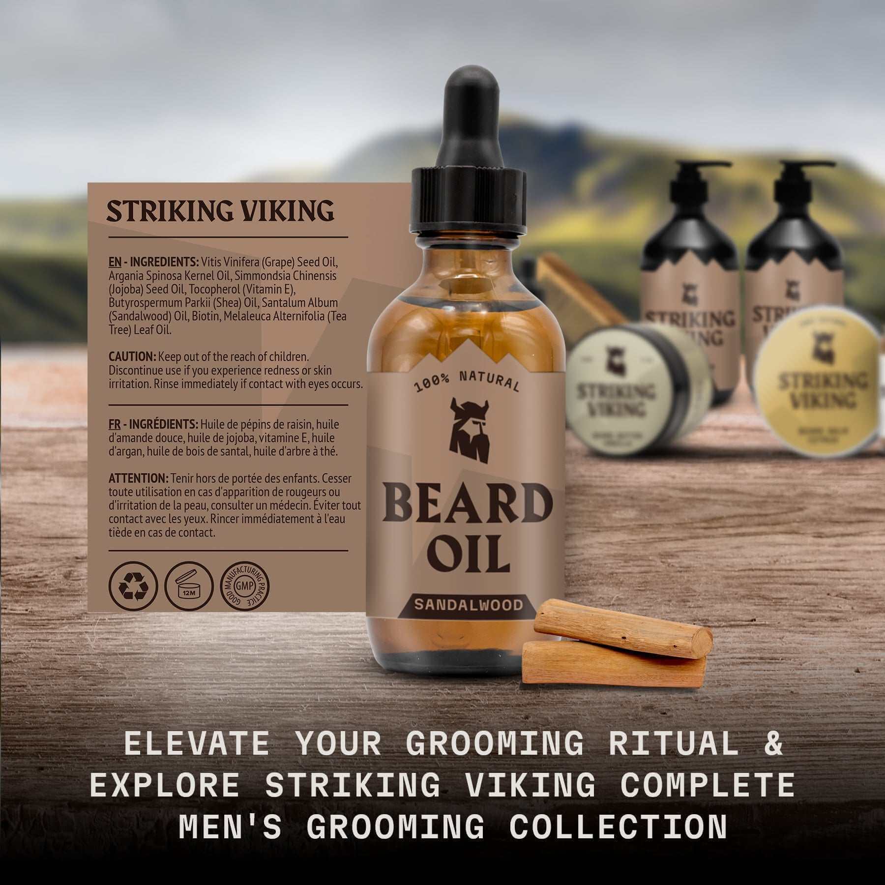 Striking Viking beard oil bottle with packaging and sandalwood sticks on a wooden surface.