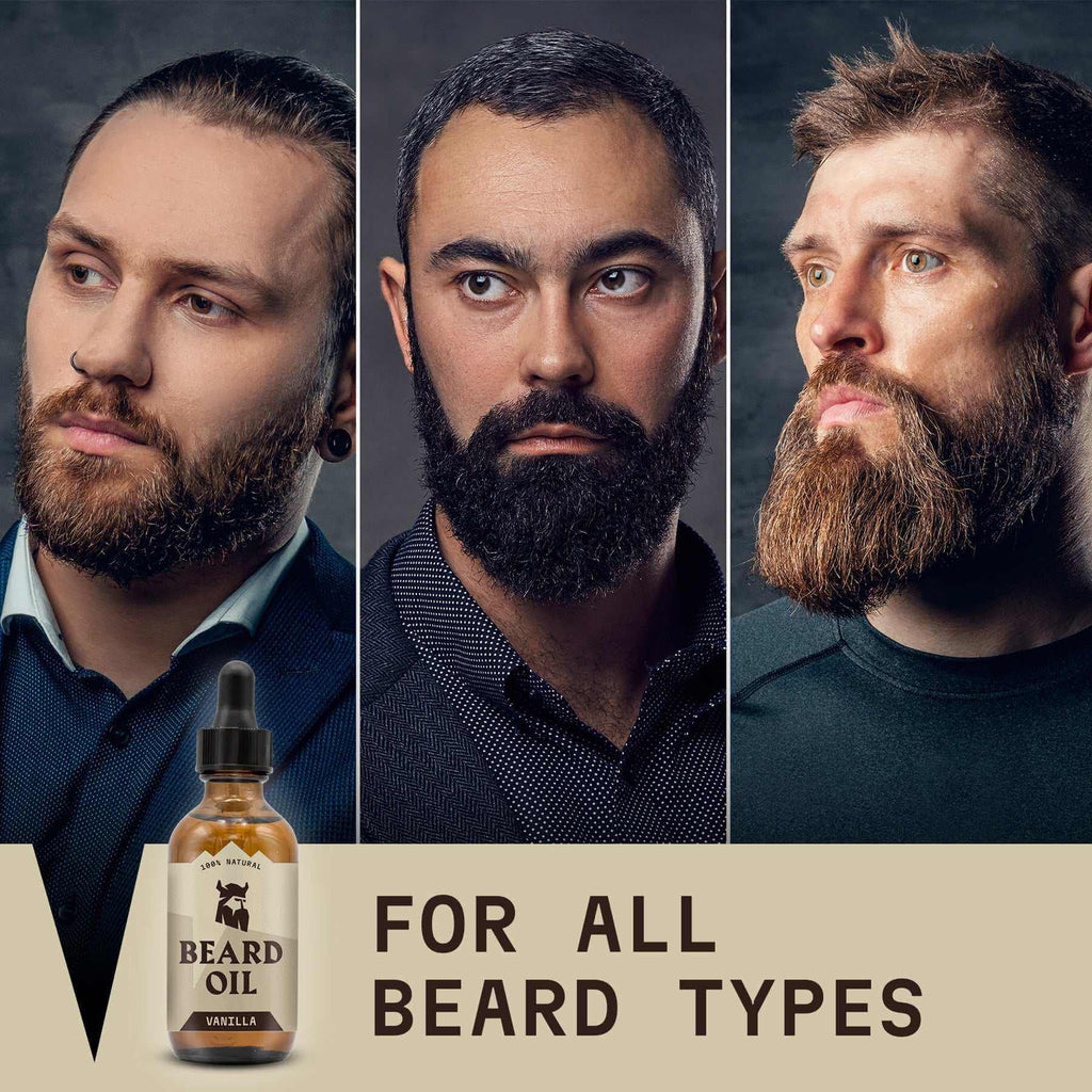 Three men with different beard styles and a bottle of beard oil with text 'For all beard types