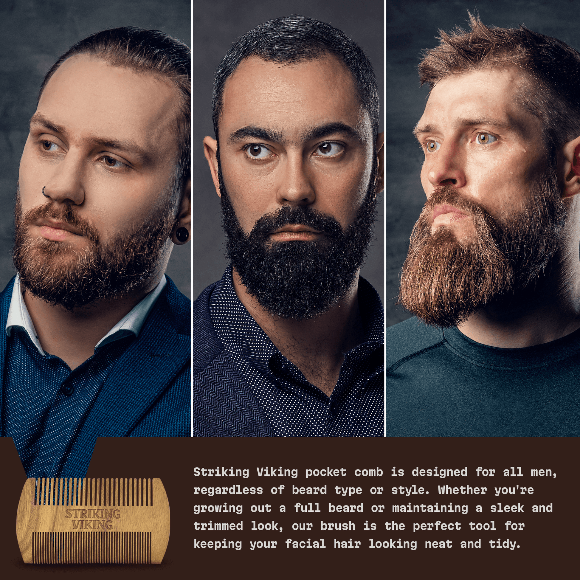 Three men with different beard styles and a comb with text about the Viking pocket comb.