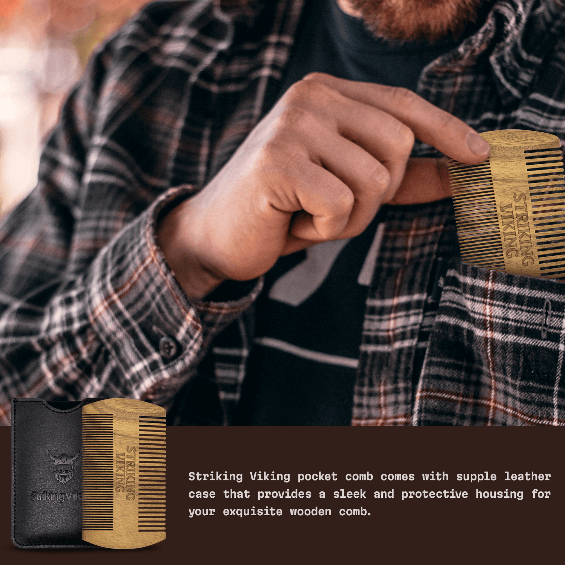 Person holding a wooden comb with a leather case, promotional text overlay.