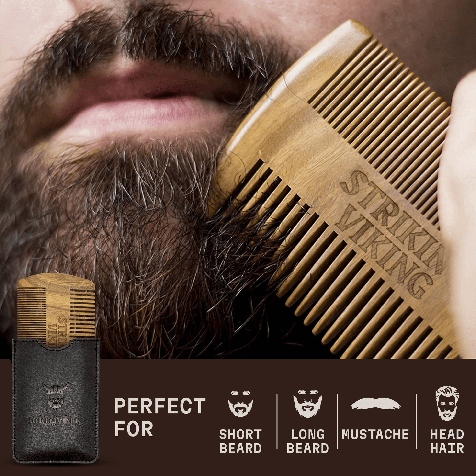 Wooden comb with 'Striking Viking' branding held above a beard, with packaging below.