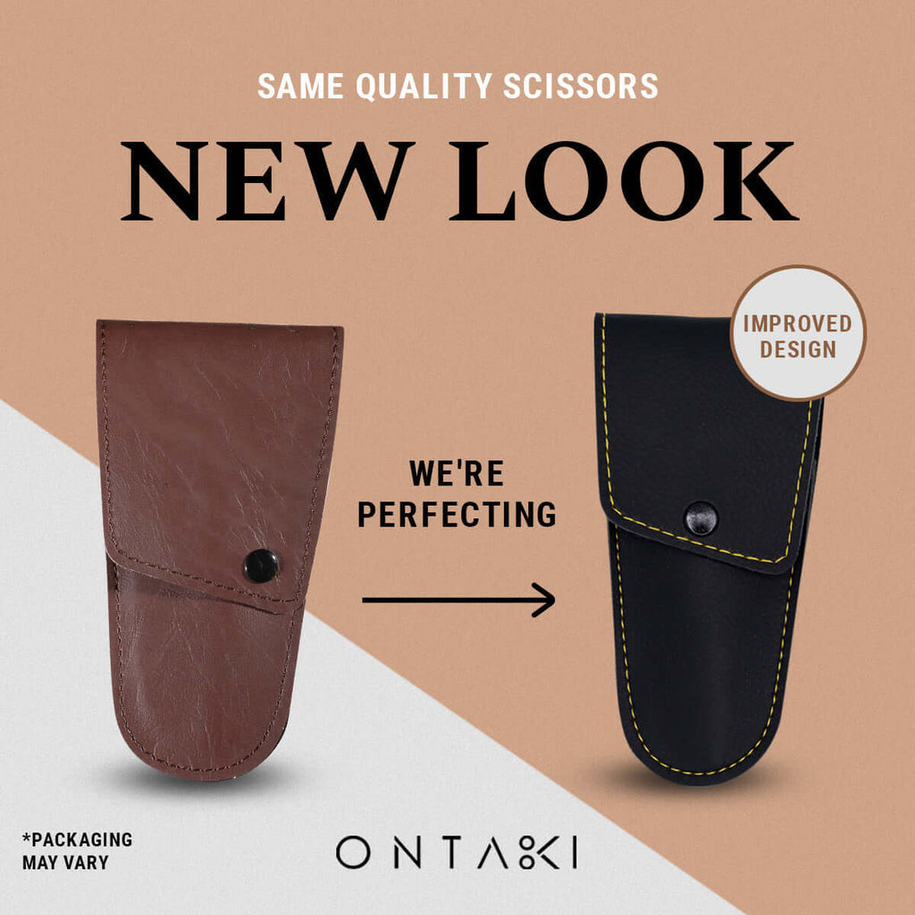 Two scissors cases, one brown and one black, with 'Ontaki' branding on a two-tone background