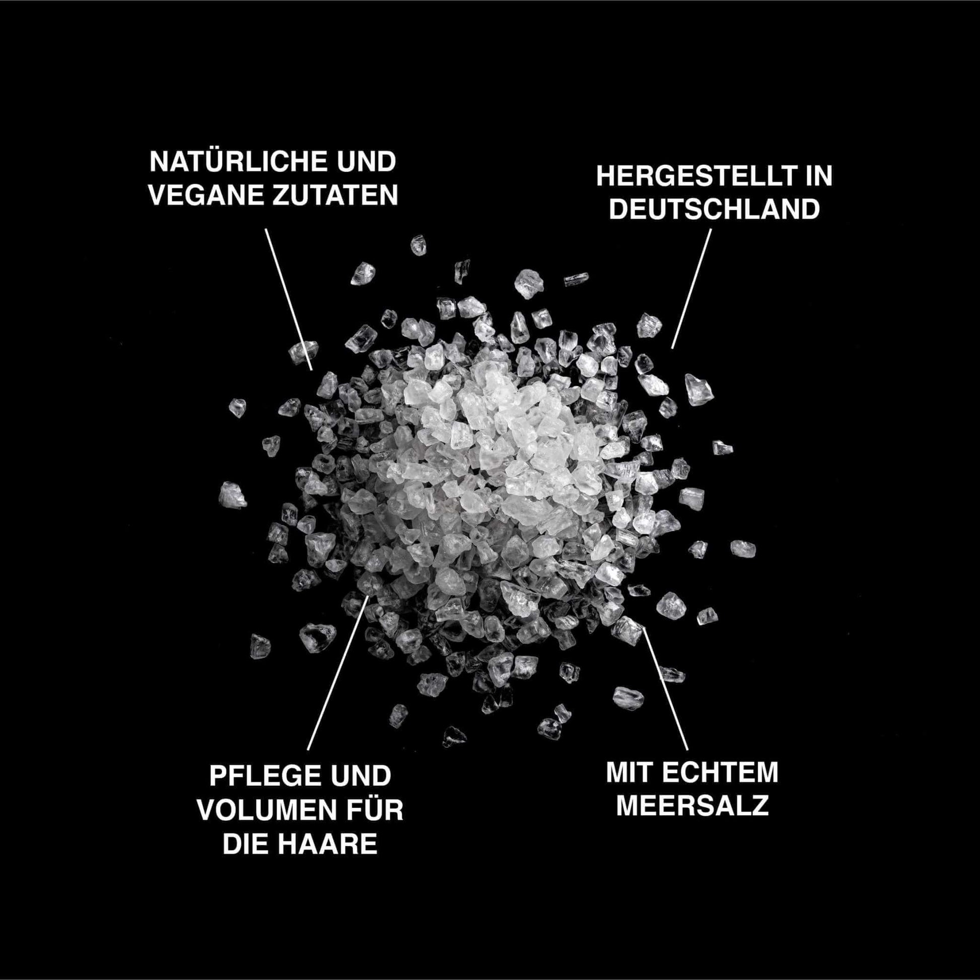 Sea salt with text promoting natural ingredients and German manufacturing for a hair care product.