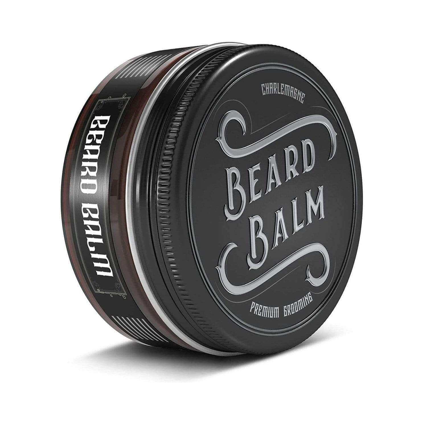 Charlemagne Beard Balm tin with signature “Leather” scent, natural ingredients for soothing skin and relieving itch.